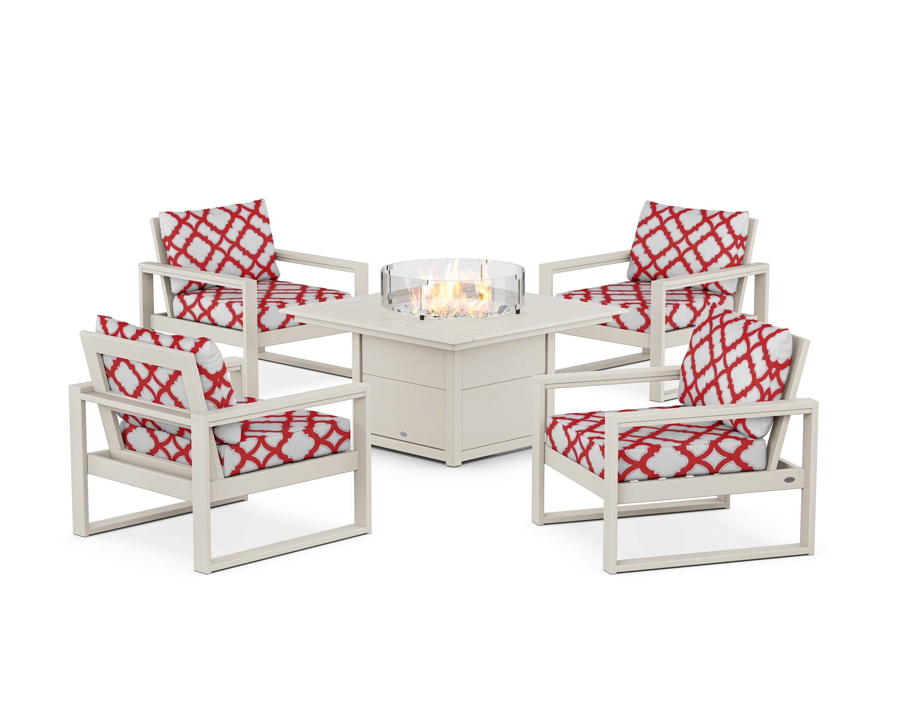 POLYWOOD® EDGE Sectional 5-Piece Deep Seating Set with Fire Pit Table in Sand / Trellis Crimson