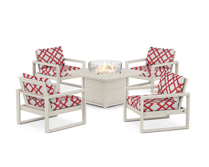 POLYWOOD® EDGE Sectional 5-Piece Deep Seating Set with Fire Pit Table in Sand / Trellis Crimson