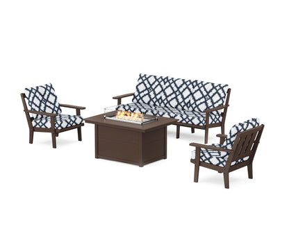 POLYWOOD® Oxford Deep Seating Fire Pit Table Set in Mahogany / Trellis Marine Indigo