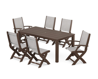 POLYWOOD® Coastal Folding Chair 7-Piece Parsons Dining Set in Mahogany / Parchment Sling