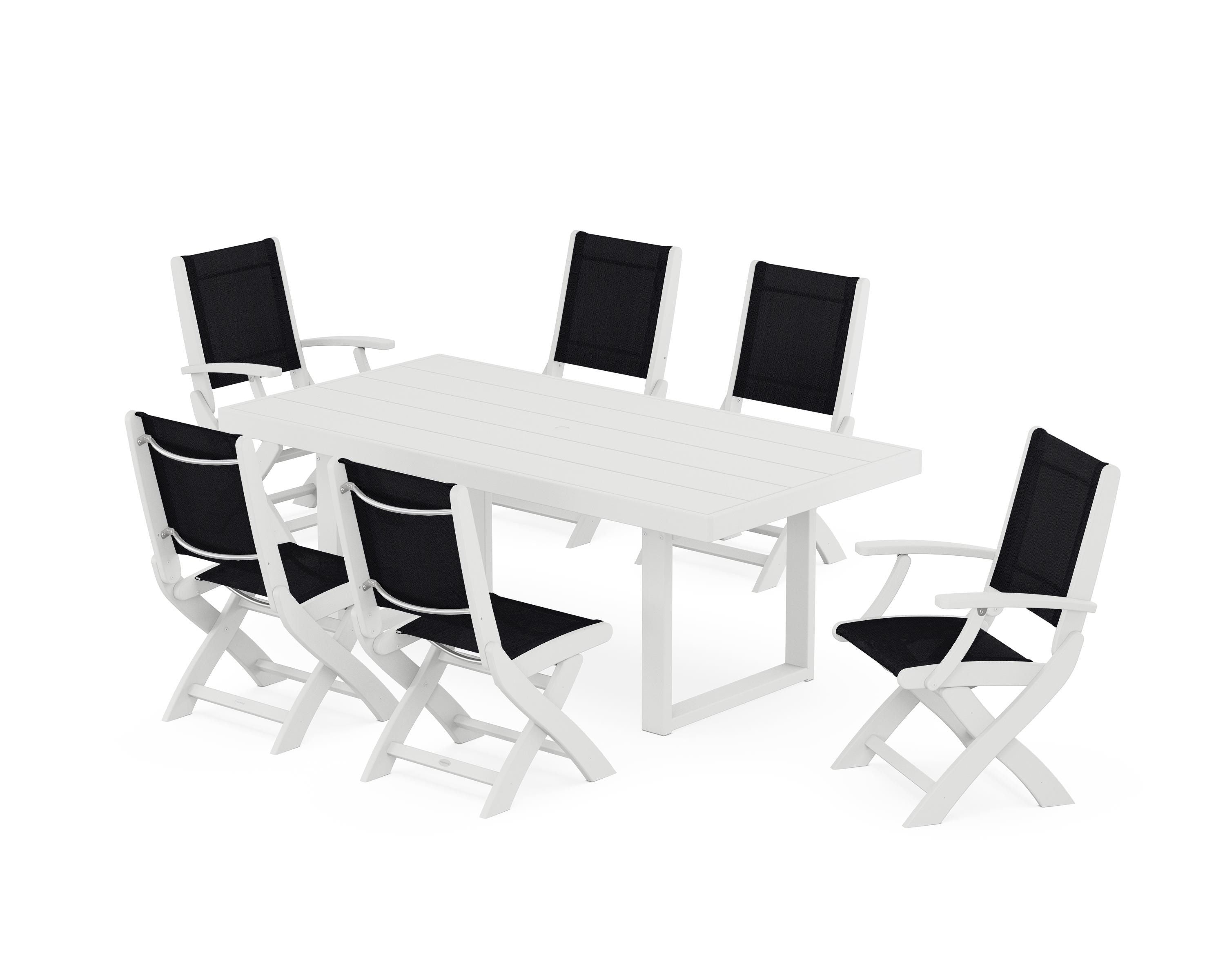 POLYWOOD® Coastal Folding Chair 7-Piece Dining Set with Trestle Legs in White / Black Sling