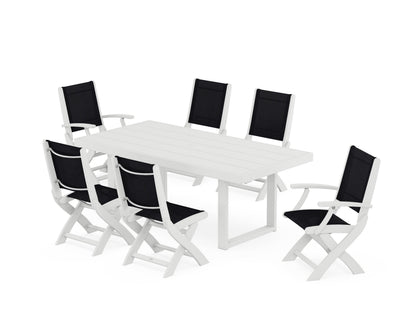 POLYWOOD® Coastal Folding Chair 7-Piece Dining Set with Trestle Legs in White / Black Sling