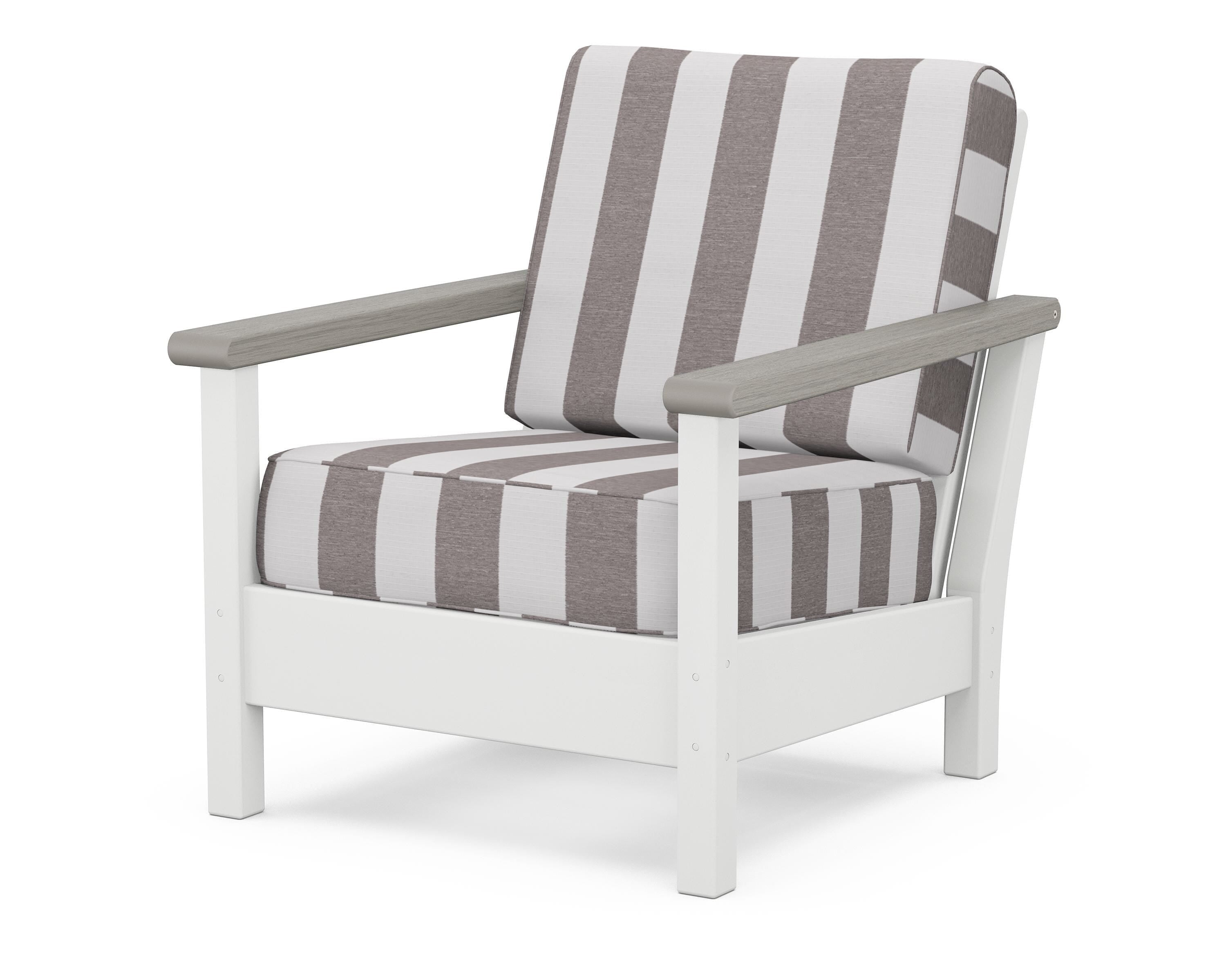 POLYWOOD® Harbour Deep Seating Chair in White / Driftwood / Cabana Stripe Grey Mist