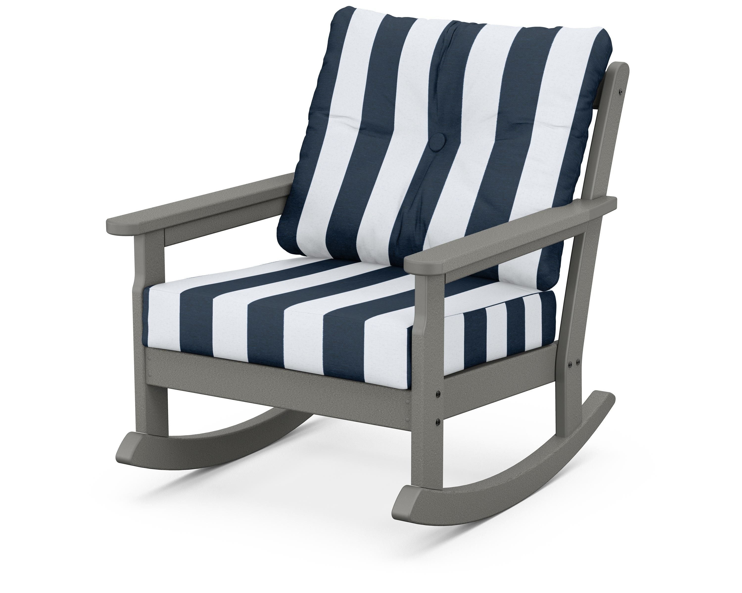 POLYWOOD® Vineyard Deep Seating Rocking Chair in Slate Grey / Cabana Stripe Marine Indigo