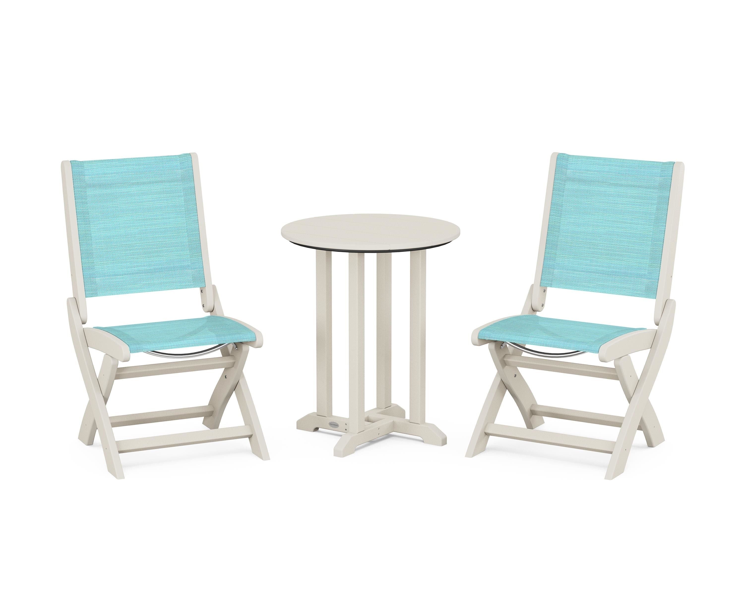 POLYWOOD® Coastal Folding Side Chair 3-Piece Round Bistro Dining Set in Sand / Dupioni Aquamarine Sling
