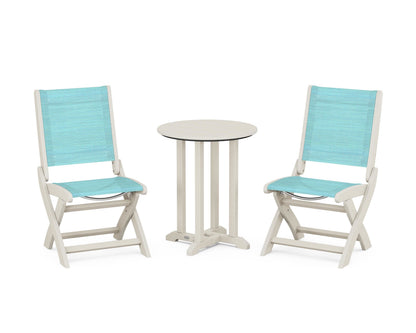 POLYWOOD® Coastal Folding Side Chair 3-Piece Round Bistro Dining Set in Sand / Dupioni Aquamarine Sling