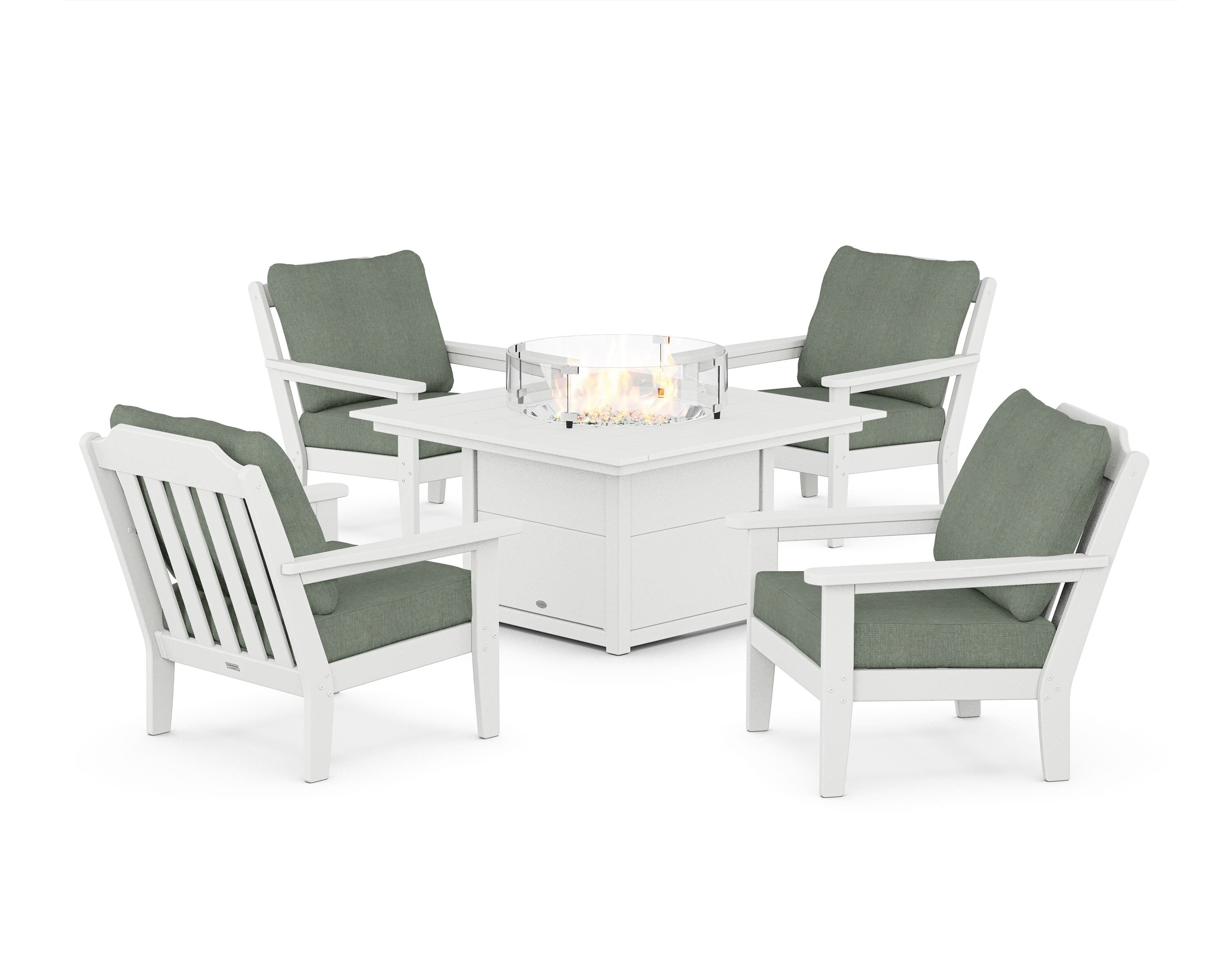 Country Living Cottage 5-Piece Deep Seating Set with Fire Pit Table in White / Cast Sage