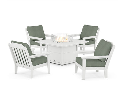 Country Living Cottage 5-Piece Deep Seating Set with Fire Pit Table in White / Cast Sage
