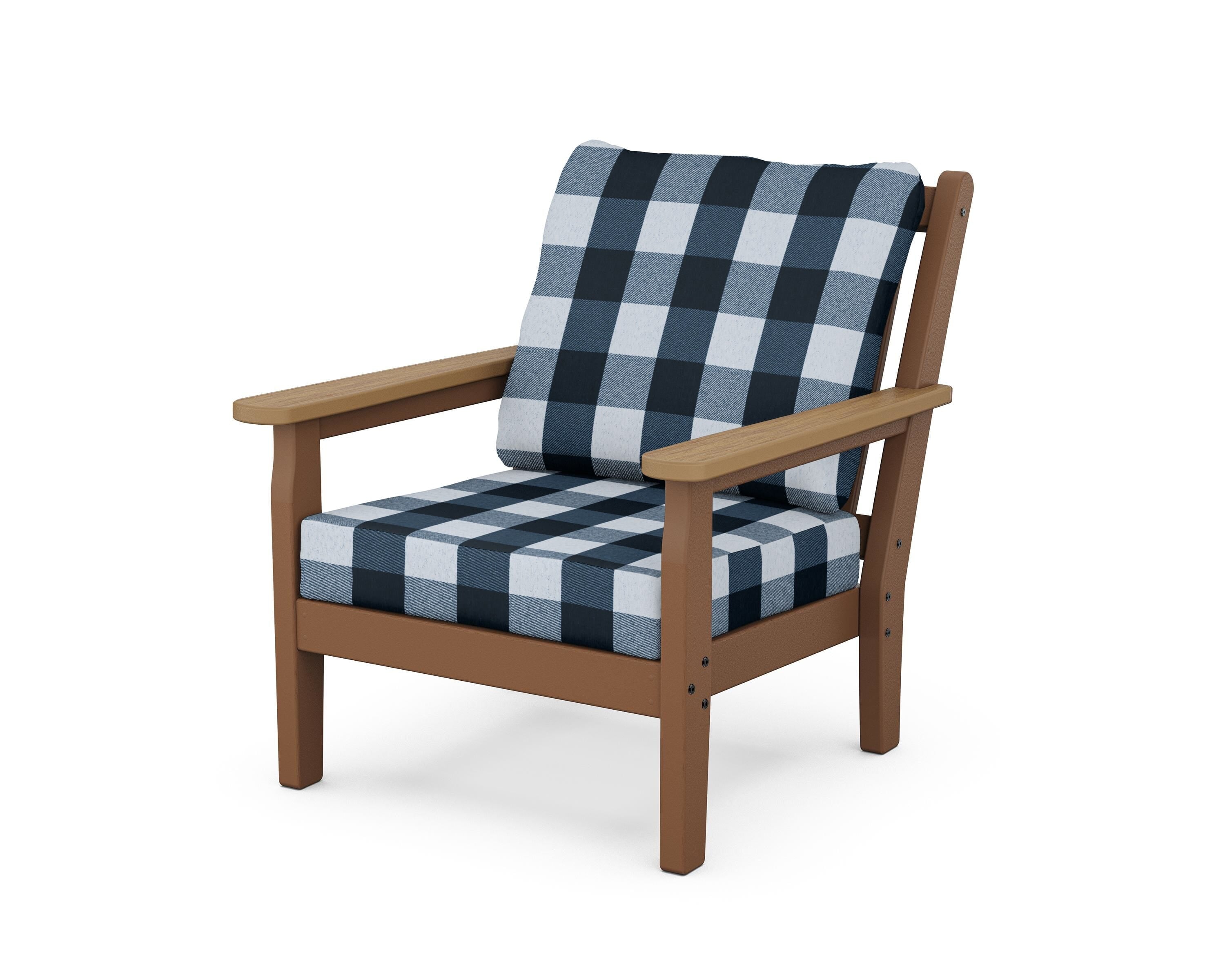 POLYWOOD® Chippendale Deep Seating Chair in Teak / Natural / Buffalo Plaid Marine Indigo