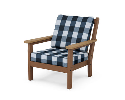 POLYWOOD® Chippendale Deep Seating Chair in Teak / Natural / Buffalo Plaid Marine Indigo