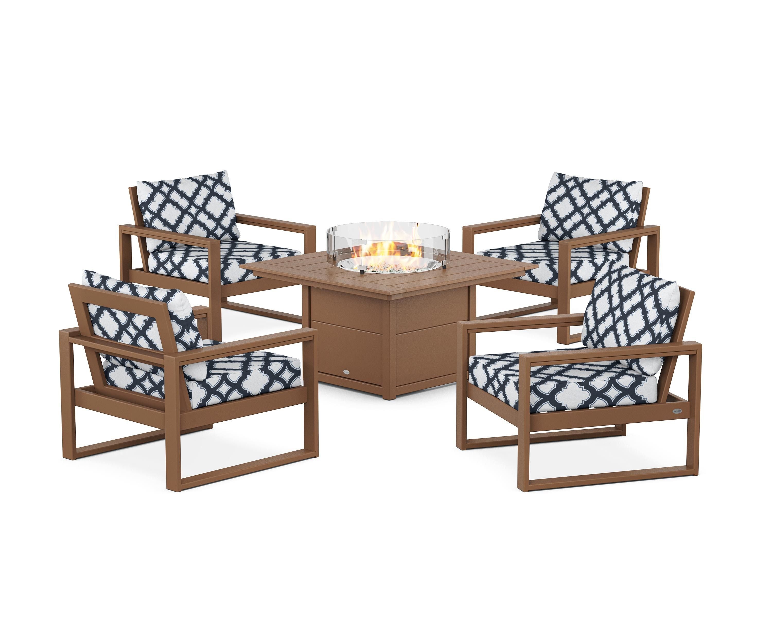 POLYWOOD® EDGE Sectional 5-Piece Deep Seating Set with Fire Pit Table in Teak / Trellis Marine Indigo