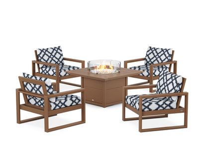 POLYWOOD® EDGE Sectional 5-Piece Deep Seating Set with Fire Pit Table in Teak / Trellis Marine Indigo