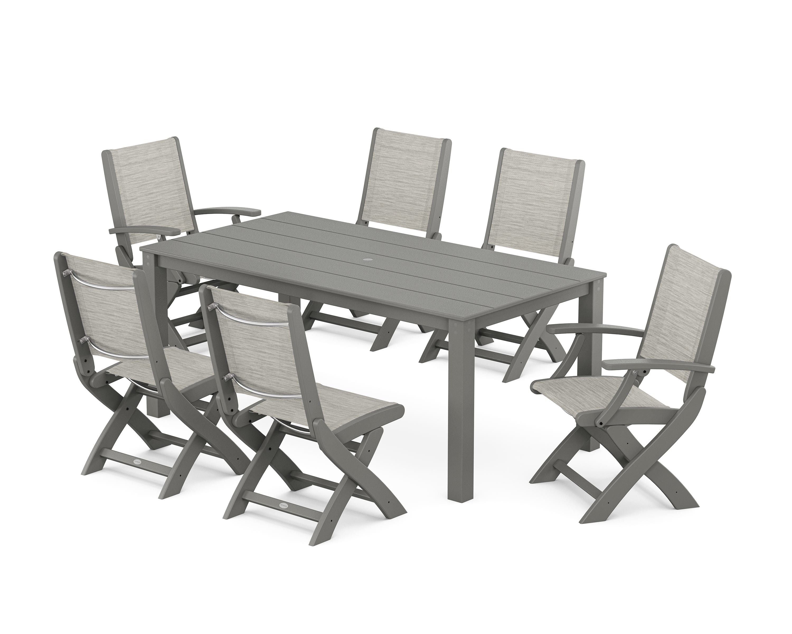 POLYWOOD® Coastal Folding Chair 7-Piece Parsons Dining Set in Slate Grey / Birch Sling
