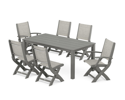 POLYWOOD® Coastal Folding Chair 7-Piece Parsons Dining Set in Slate Grey / Birch Sling