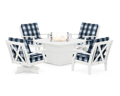 POLYWOOD® Braxton 5-Piece Deep Seating Set with Fire Table in White / Buffalo Plaid Marine Indigo