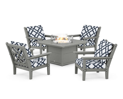 POLYWOOD® Chippendale 5-Piece Deep Seating Set with Fire Pit Table in Slate Grey / Trellis Marine Indigo