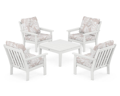 POLYWOOD® Vineyard 5-Piece Deep Seating Conversation Set in White / Leaf Dune Burlap