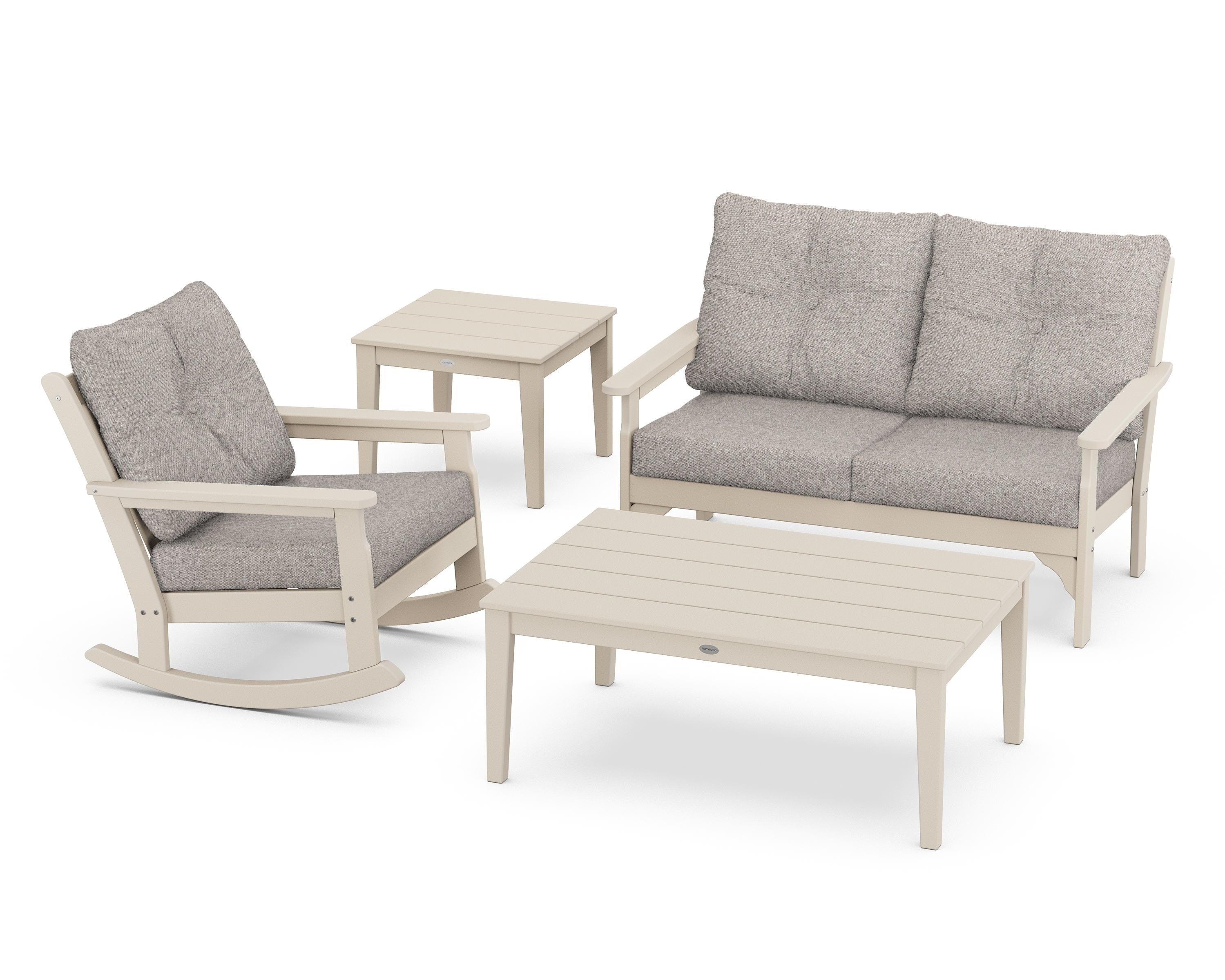 POLYWOOD® Vineyard 4-Piece Deep Seating Rocker Set in Sand / Weathered Tweed