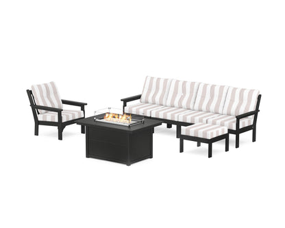 POLYWOOD® Vineyard Sectional Lounge and Fire Pit Set in Black / Cabana Stripe Dune Burlap