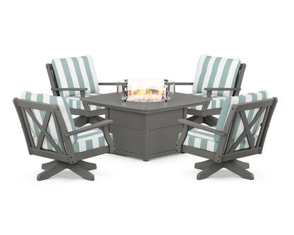 POLYWOOD® Braxton 5-Piece Deep Seating Swivel Conversation Set with Fire Pit Table in Slate Grey / Cabana Stripe Glacier Spa