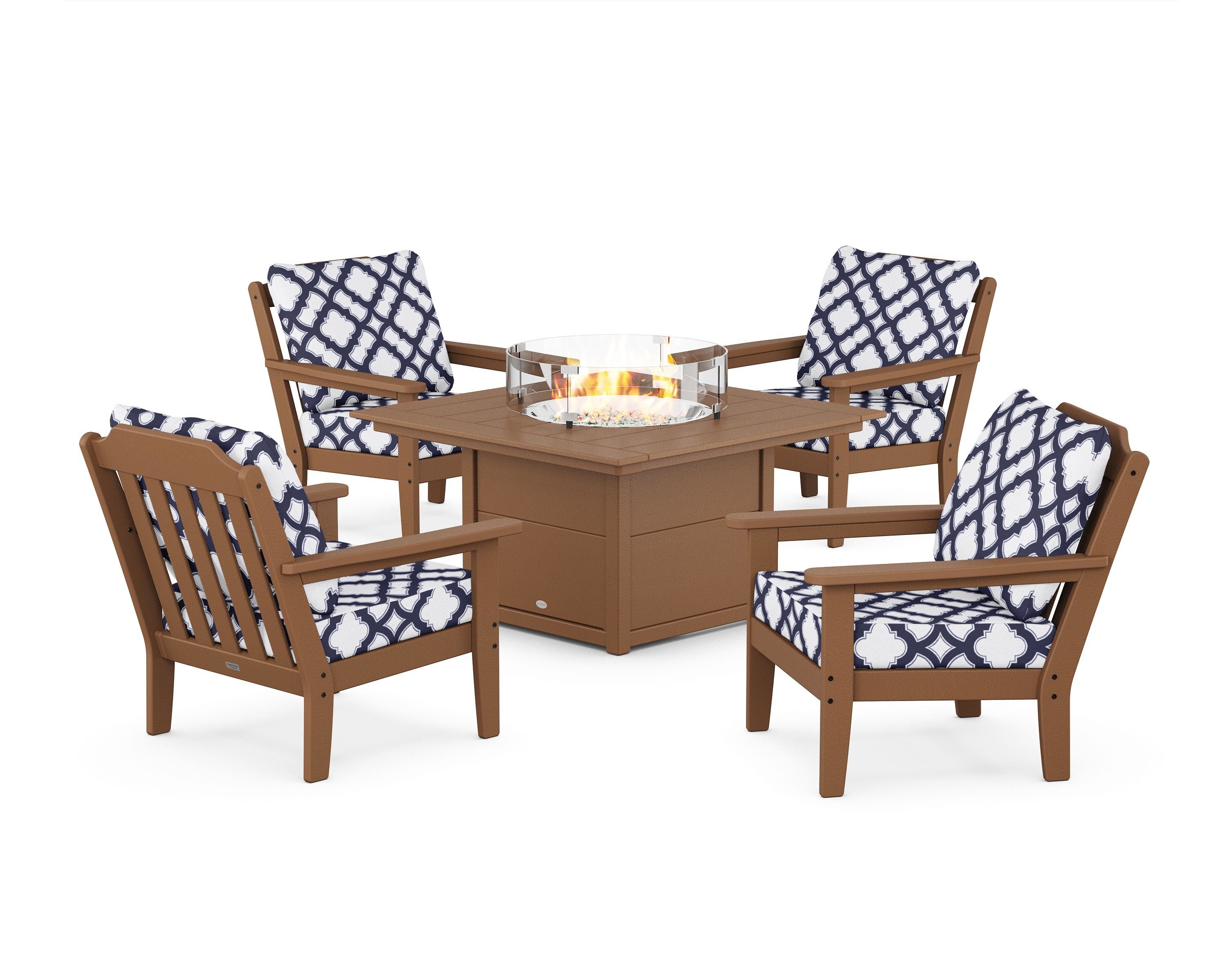 Country Living Cottage 5-Piece Deep Seating Set with Fire Pit Table in Teak / Trellis Navy