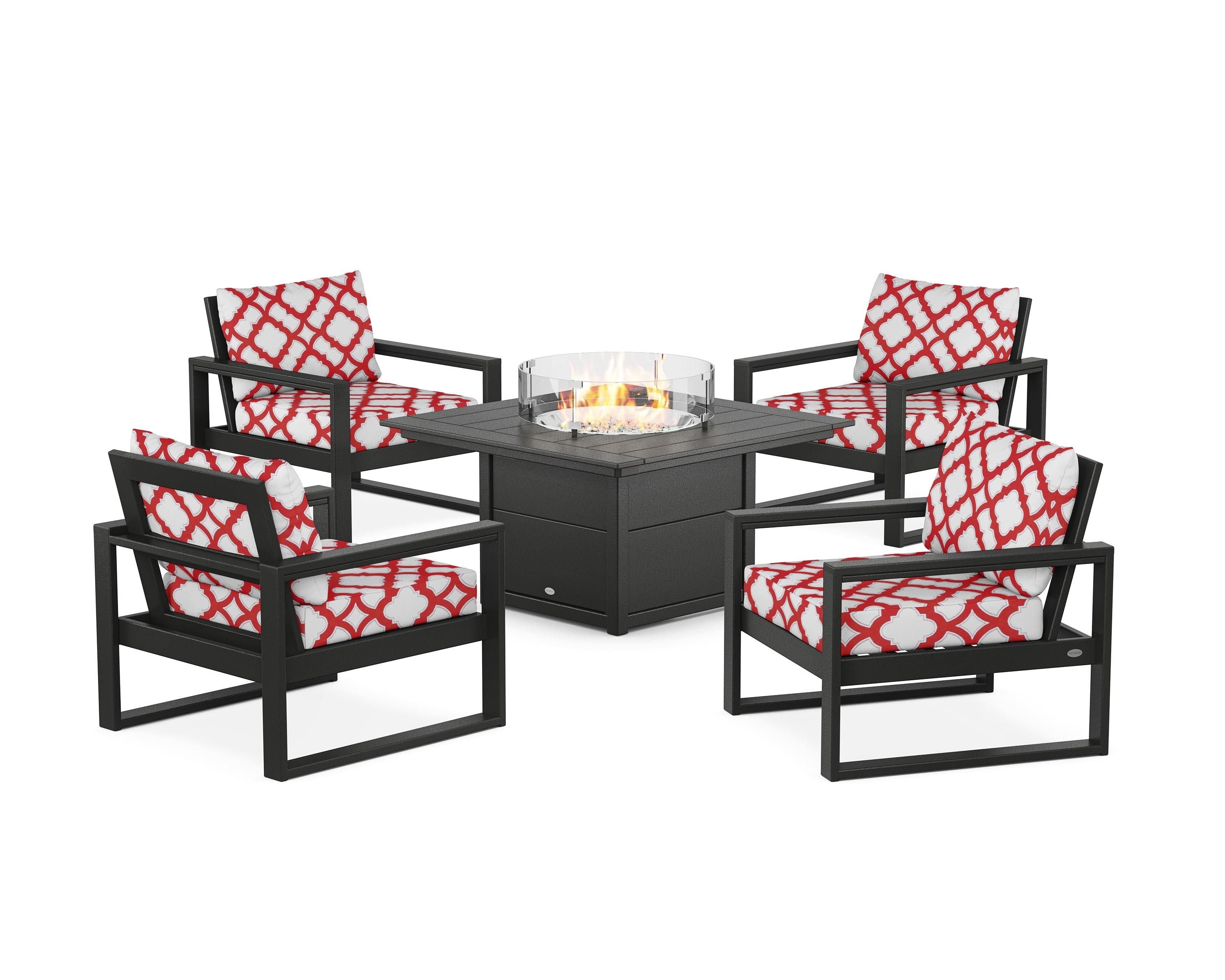 POLYWOOD® EDGE Sectional 5-Piece Deep Seating Set with Fire Pit Table in Black / Trellis Crimson