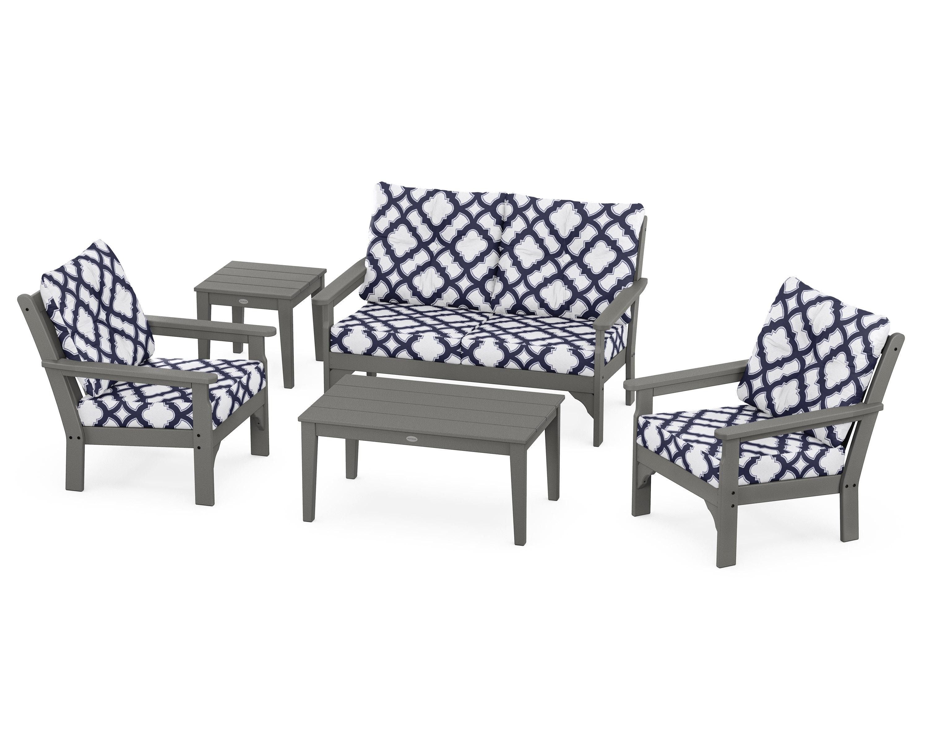 POLYWOOD® Vineyard 5-Piece Deep Seating Set in Slate Grey / Trellis Navy
