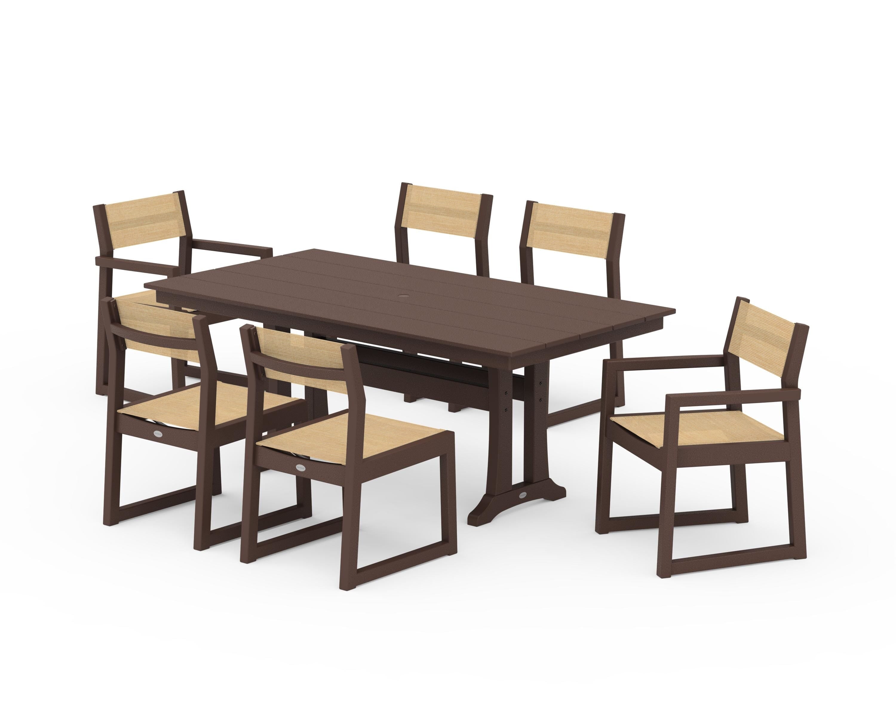 POLYWOOD® EDGE Sling 7-Piece Farmhouse Trestle Dining Set in Mahogany / Dupioni Apricot Sling