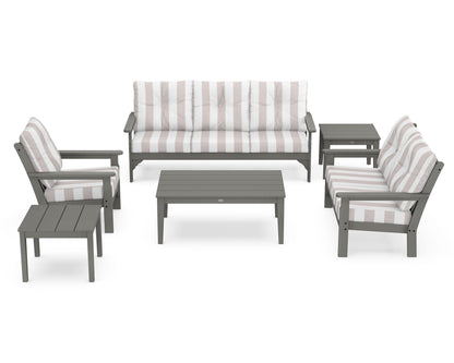POLYWOOD® Vineyard 6-Piece Deep Seating Set in Slate Grey / Cabana Stripe Dune Burlap