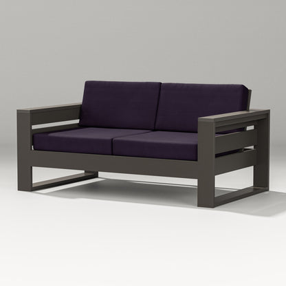 PW Designer Series Latitude Loveseat in Vintage Coffee / Navy Linen
