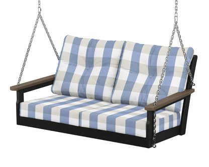 POLYWOOD® Vineyard Deep Seating Swing in Black / Kona / Buffalo Plaid Sky Blue
