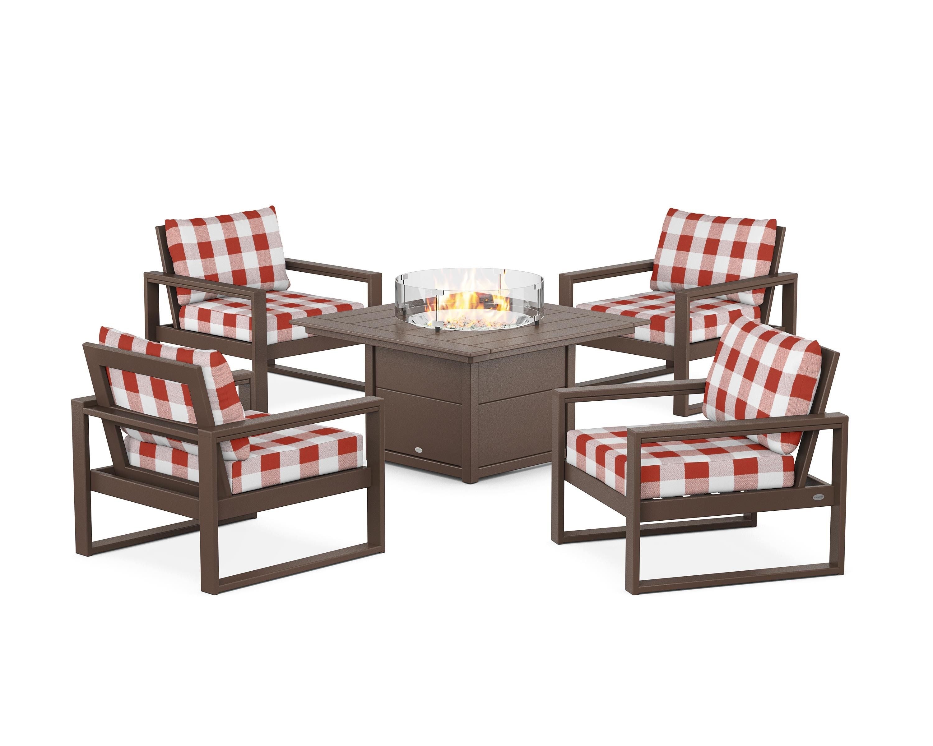 POLYWOOD® EDGE Sectional 5-Piece Deep Seating Set with Fire Pit Table in Mahogany / Buffalo Plaid Crimson