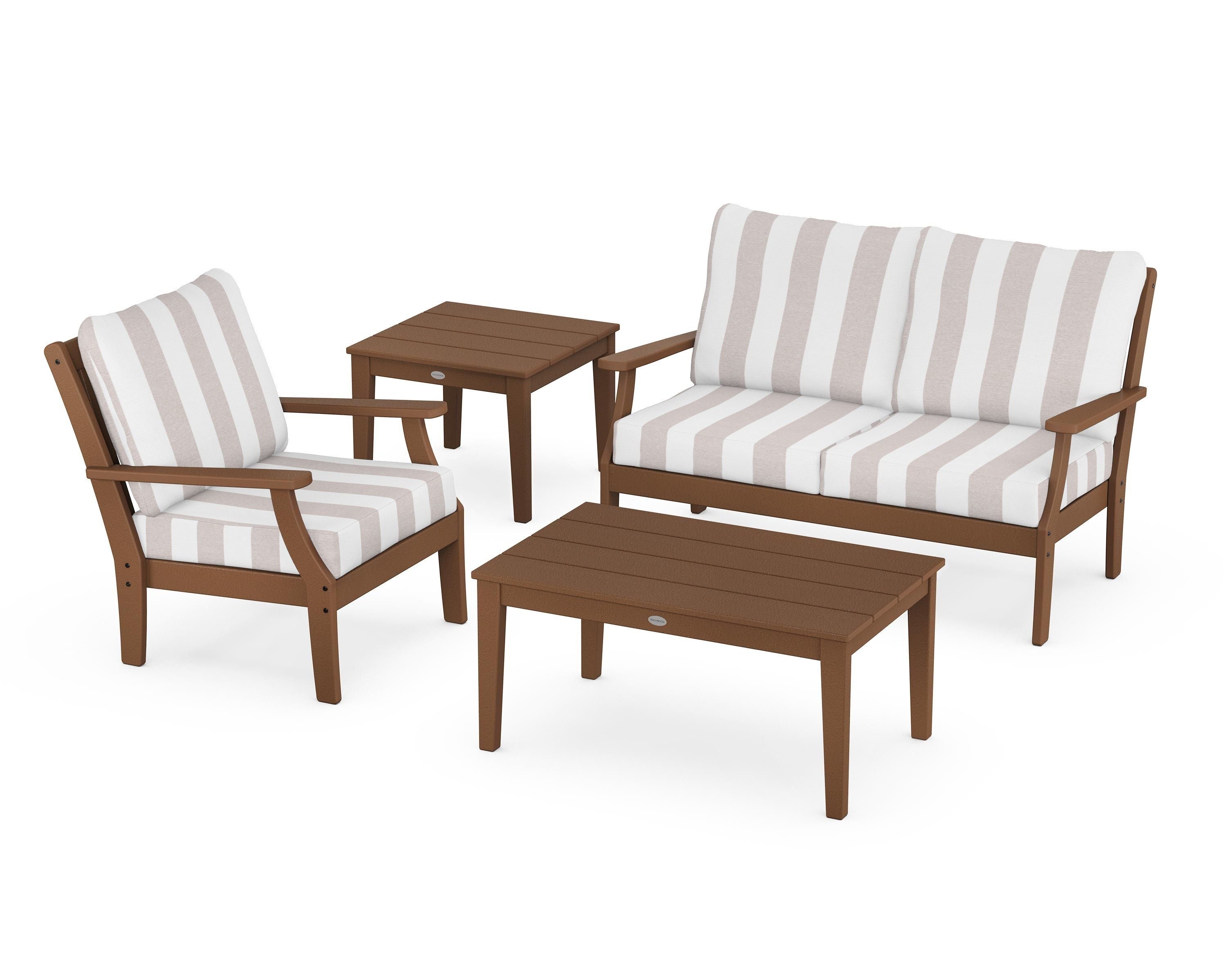 POLYWOOD® Braxton 4-Piece Deep Seating Set in Teak / Cabana Stripe Dune Burlap