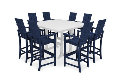 POLYWOOD® Modern Adirondack 9-Piece Farmhouse Trestle Bar Set in Navy / White