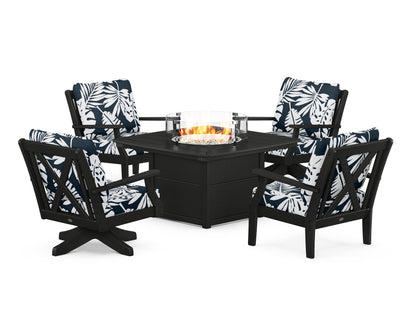POLYWOOD® Braxton 5-Piece Deep Seating Set with Fire Table in Black / Leaf Marine Indigo