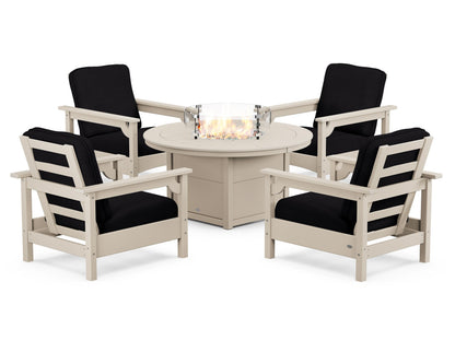 POLYWOOD® Club 5-Piece Conversation Set with Fire Pit Table in Sand / Midnight Linen