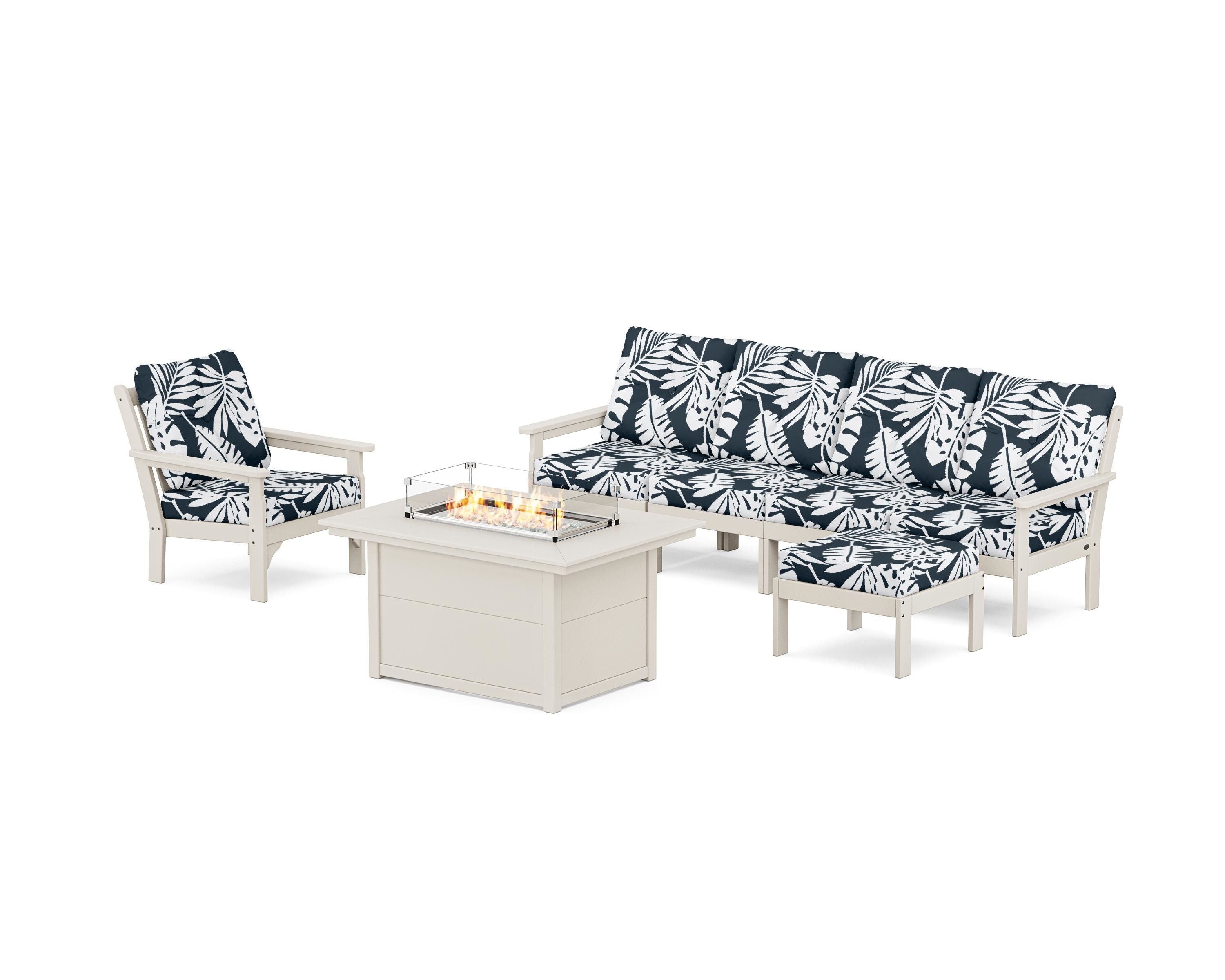 POLYWOOD® Vineyard Sectional Lounge and Fire Pit Set in Sand / Leaf Marine Indigo