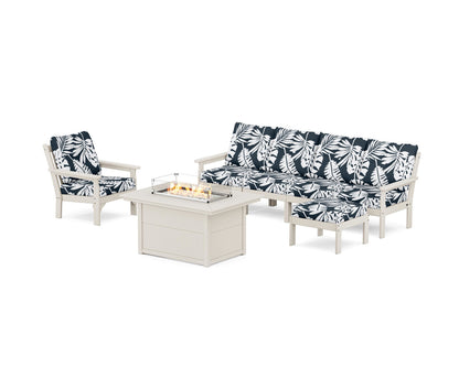 POLYWOOD® Vineyard Sectional Lounge and Fire Pit Set in Sand / Leaf Marine Indigo