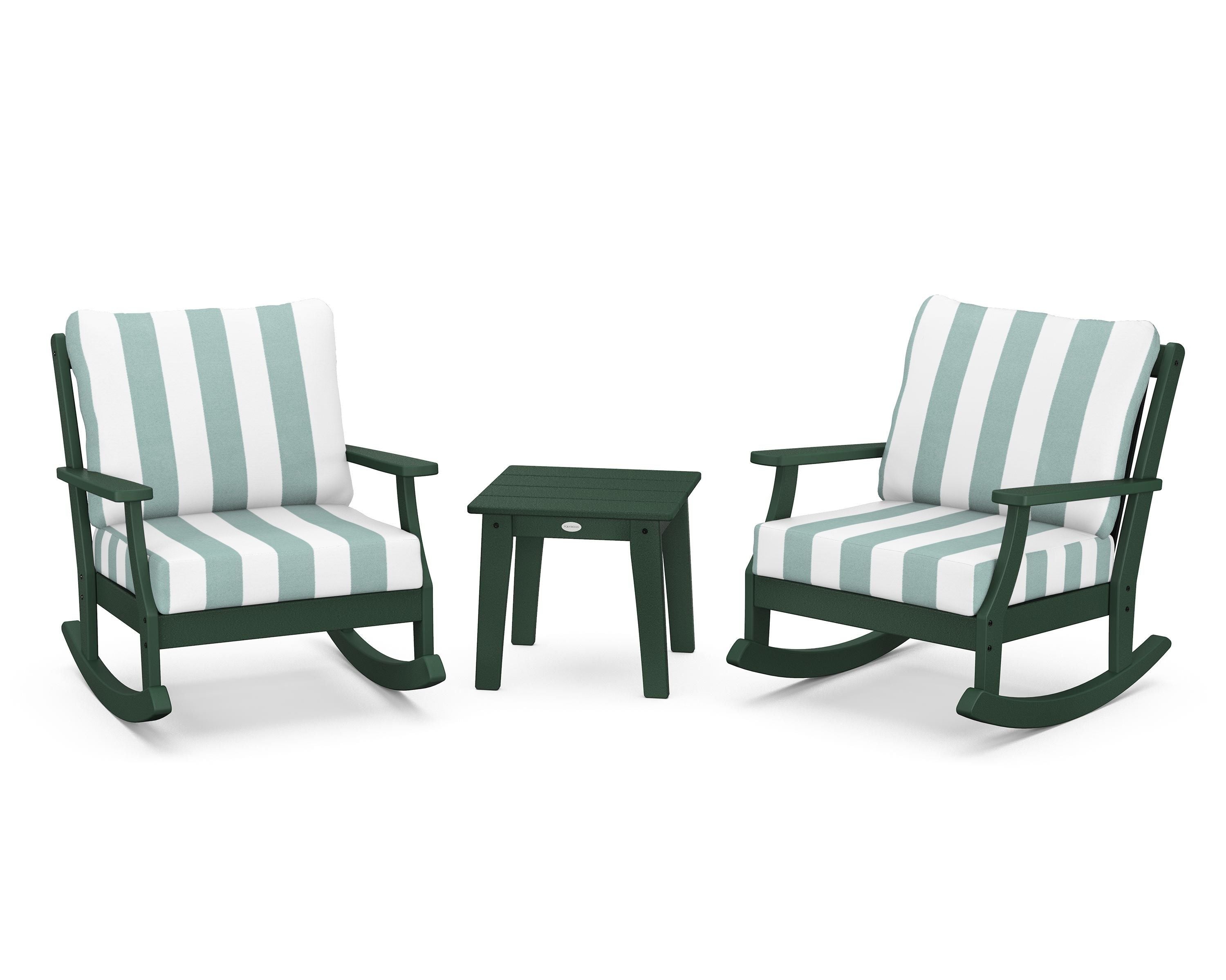 POLYWOOD® Braxton 3-Piece Deep Seating Rocker Set in Green / Cabana Stripe Glacier Spa