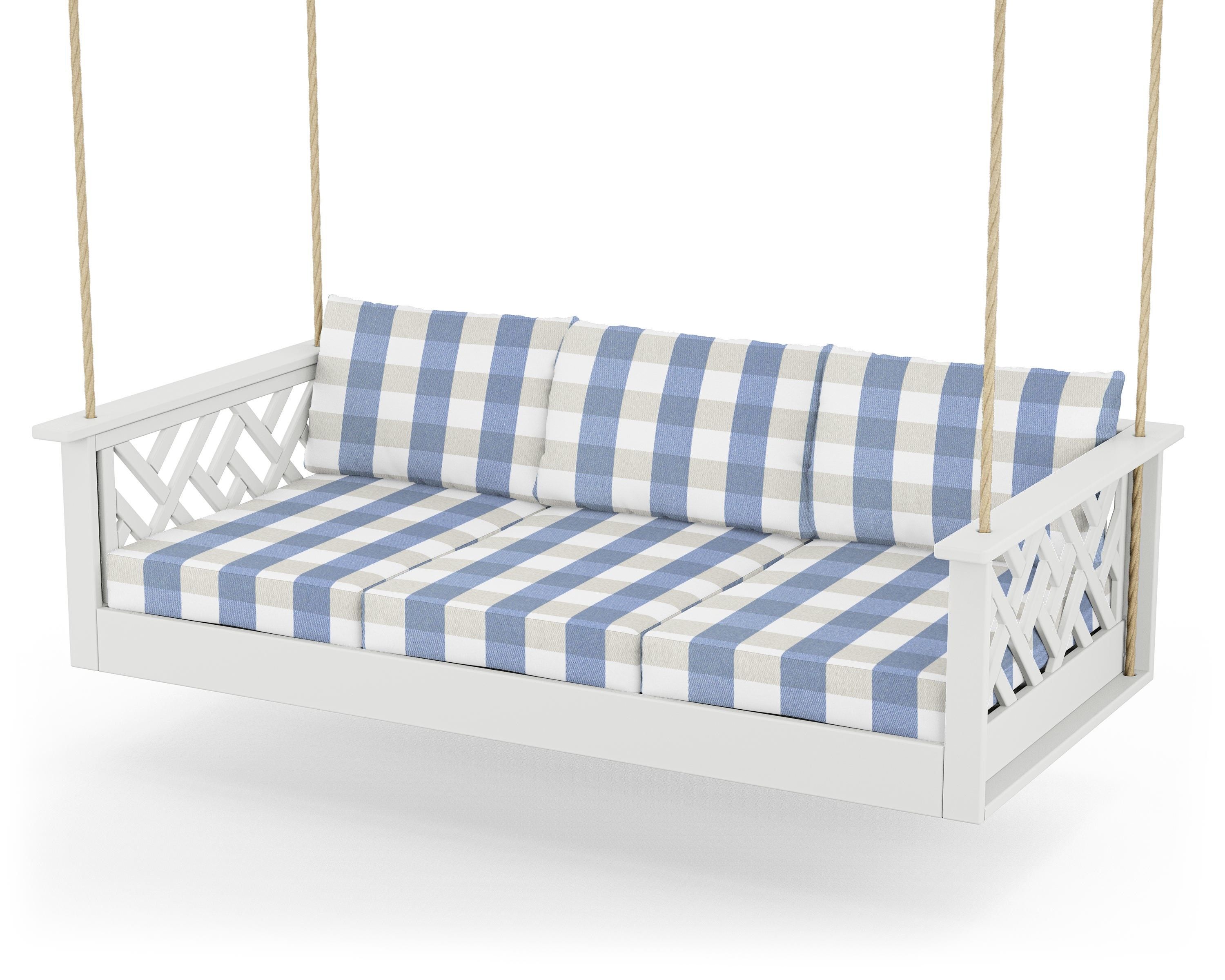 POLYWOOD® Chippendale Daybed Swing in White / Buffalo Plaid Sky Blue