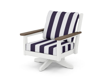 POLYWOOD® Chippendale Deep Seating Swivel Chair in White / Kona / Cabana Stripe Navy