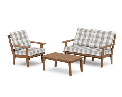 POLYWOOD® Prairie 3-Piece Deep Seating Set with Loveseat in Teak / Buffalo Plaid Grey Mist