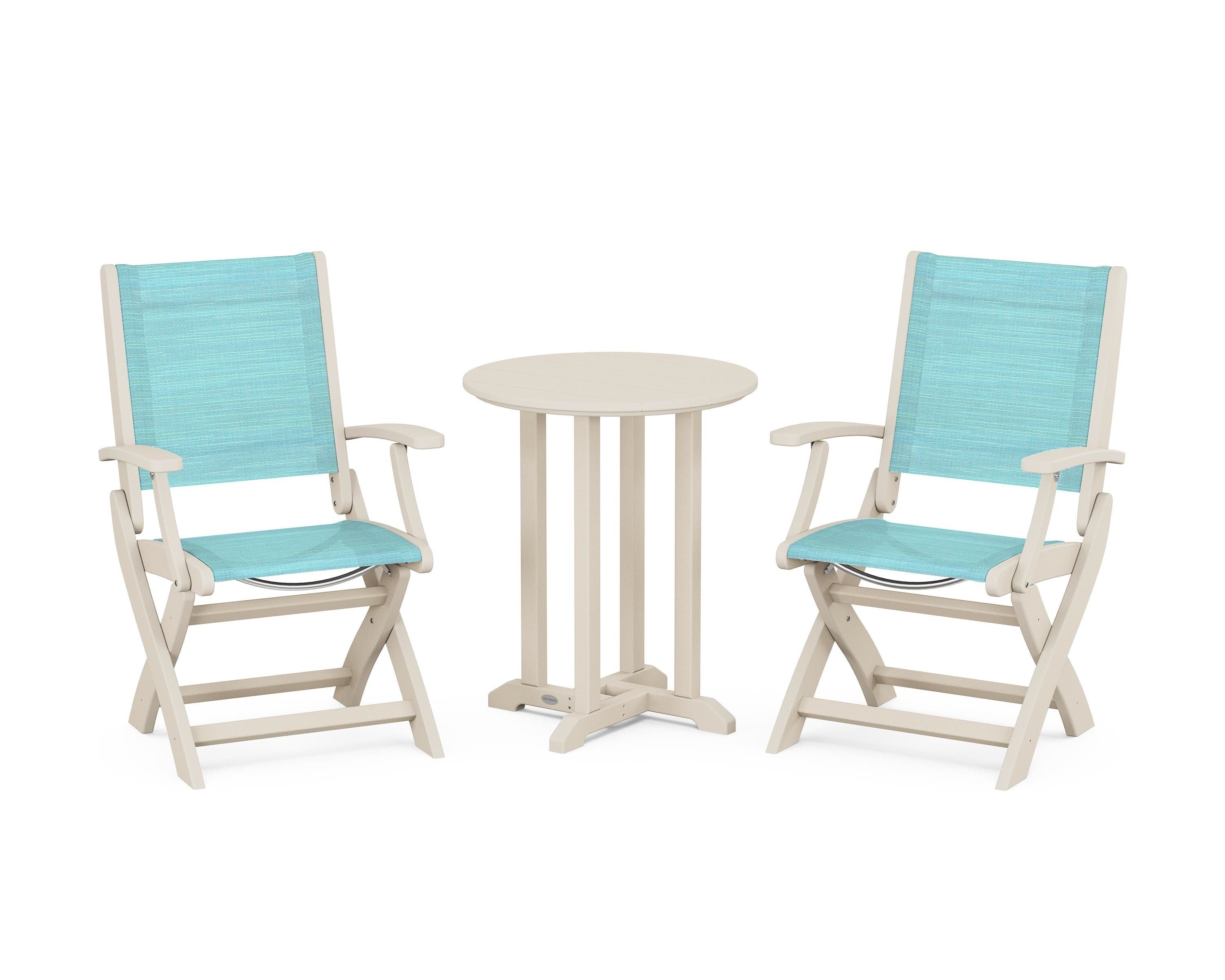 POLYWOOD® Coastal Folding 3-Piece Round Bistro Dining Set in Sand / Dupioni Aquamarine Sling
