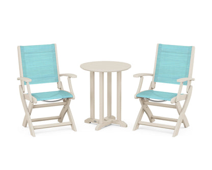 POLYWOOD® Coastal Folding 3-Piece Round Bistro Dining Set in Sand / Dupioni Aquamarine Sling