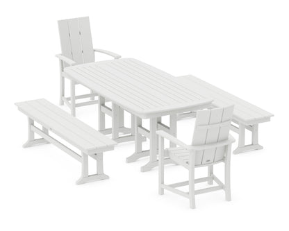 POLYWOOD® Modern Adirondack 5-Piece Farmhouse Dining Set with Benches in White