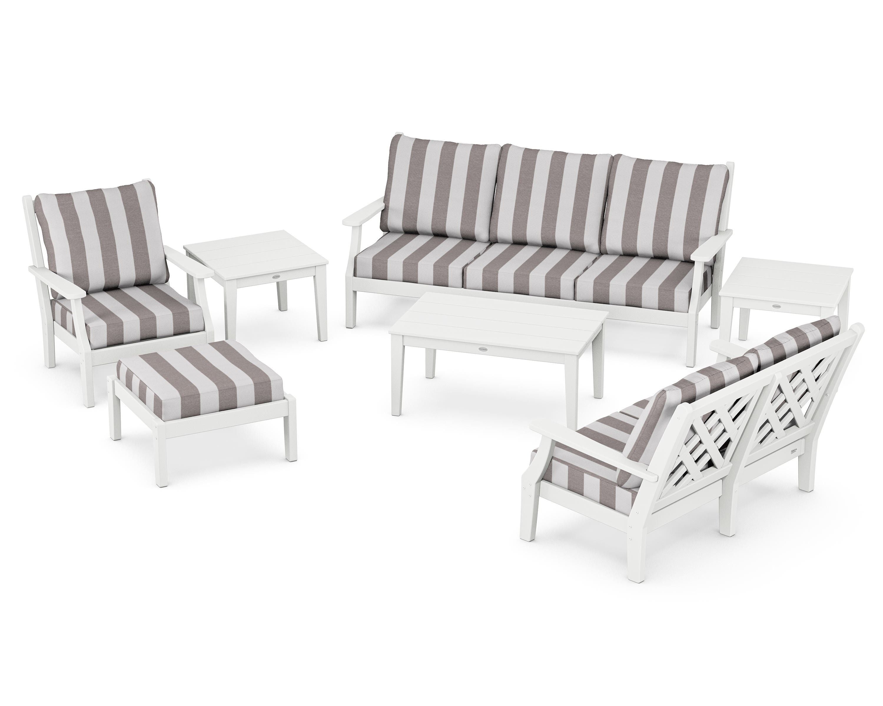 Country Living Wovendale 7-Piece Deep Seating Set in White / Cabana Stripe Grey Mist