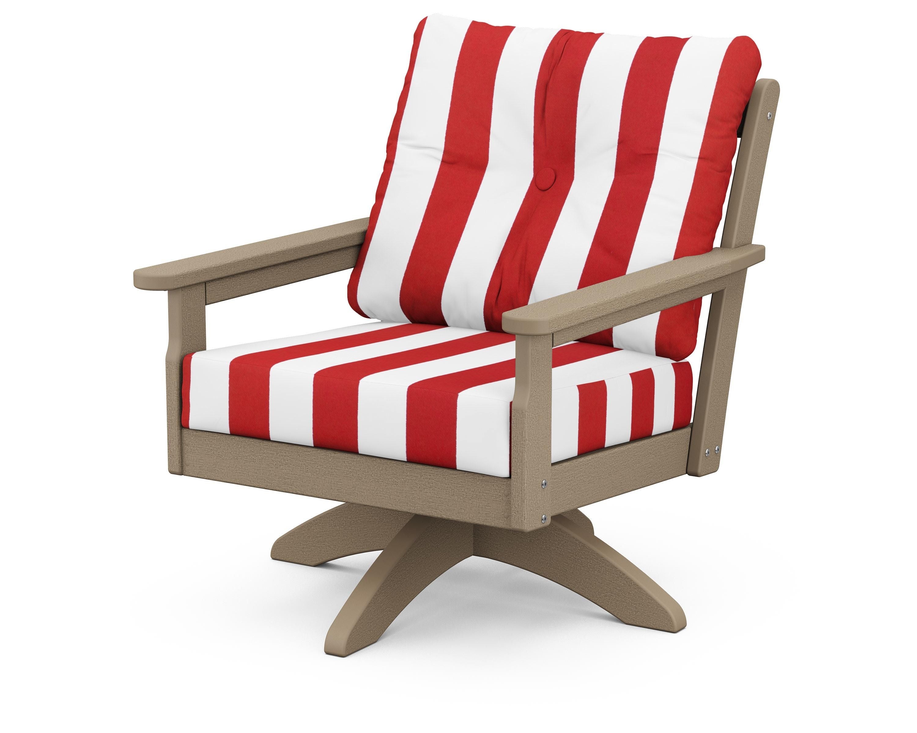 POLYWOOD® Vineyard Deep Seating Swivel Chair in Vintage Sahara / Cabana Stripe Crimson