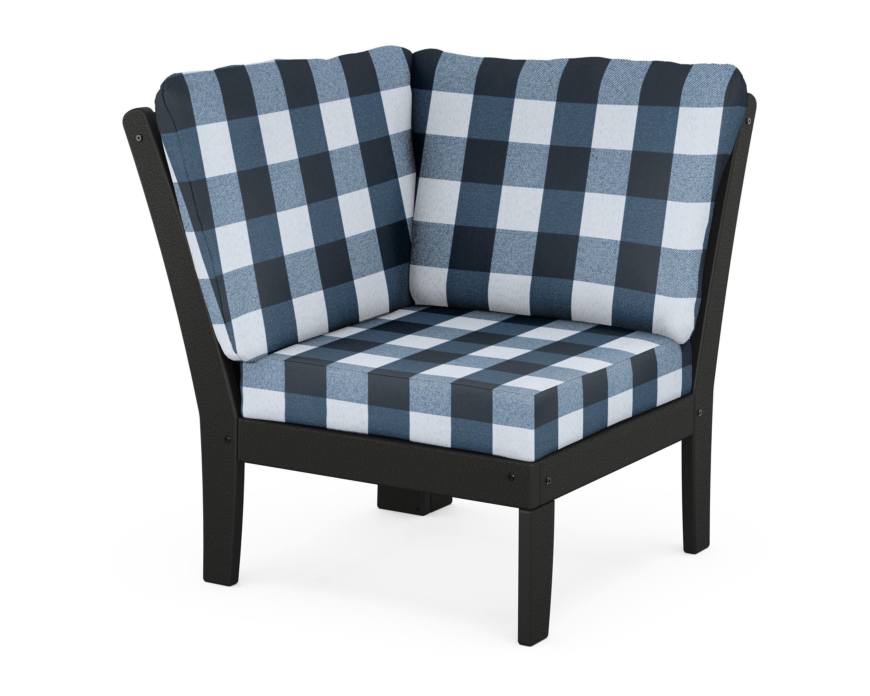 POLYWOOD® Braxton Modular Corner Chair in Black / Buffalo Plaid Marine Indigo