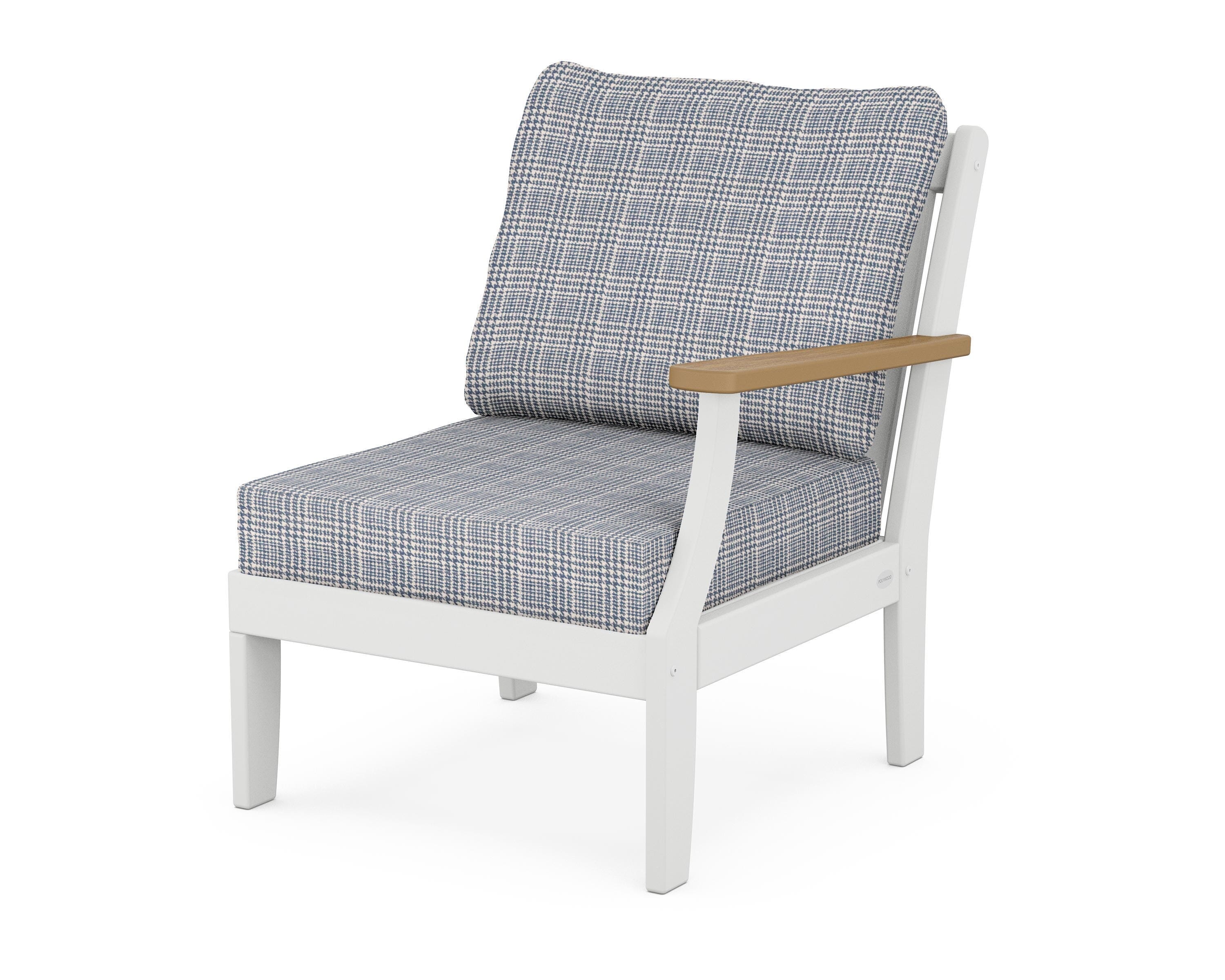POLYWOOD® Braxton Modular Right Arm Chair in White / Natural / Houndstooth Sky Blue