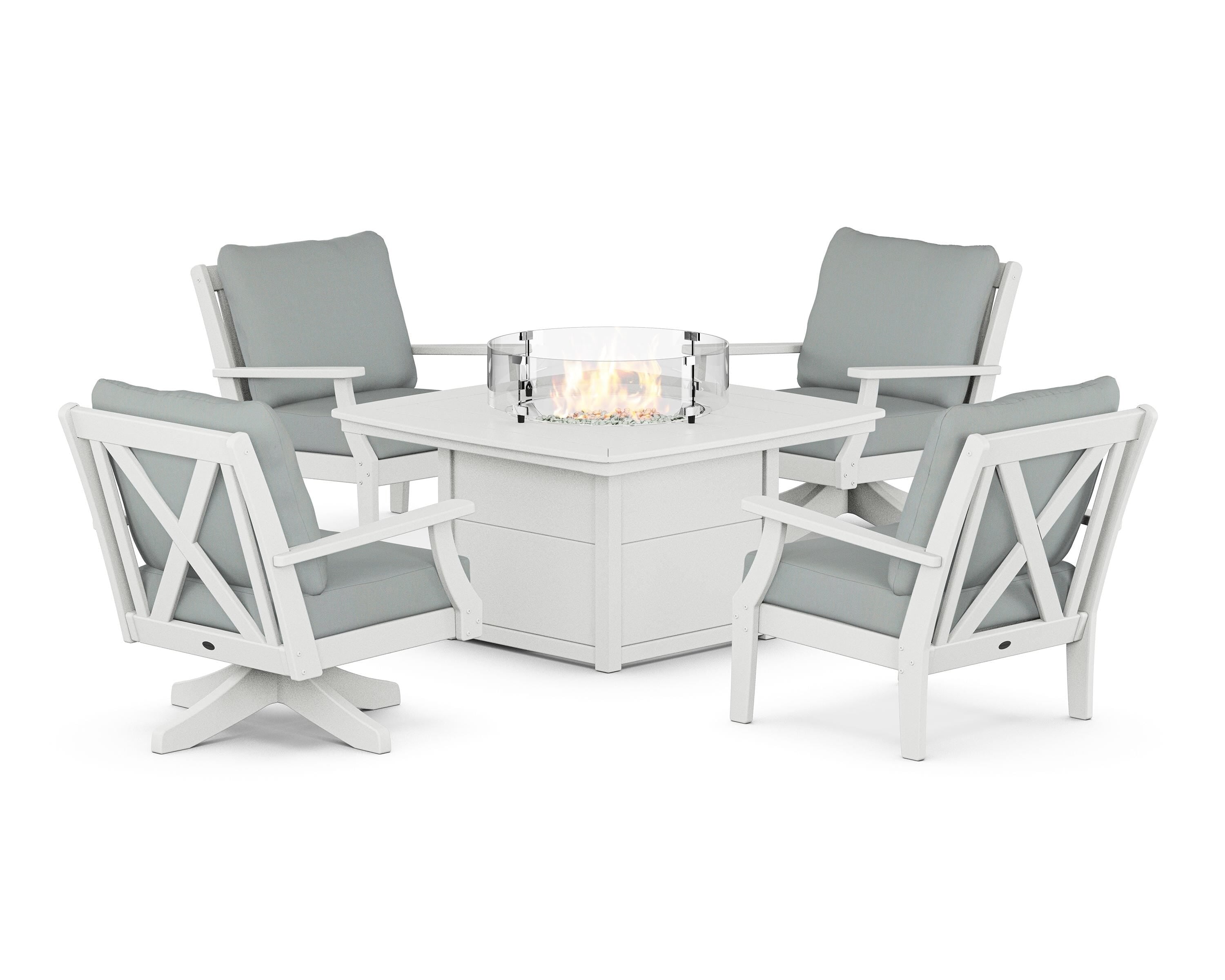 POLYWOOD® Braxton 5-Piece Deep Seating Set with Fire Table in White / Spa